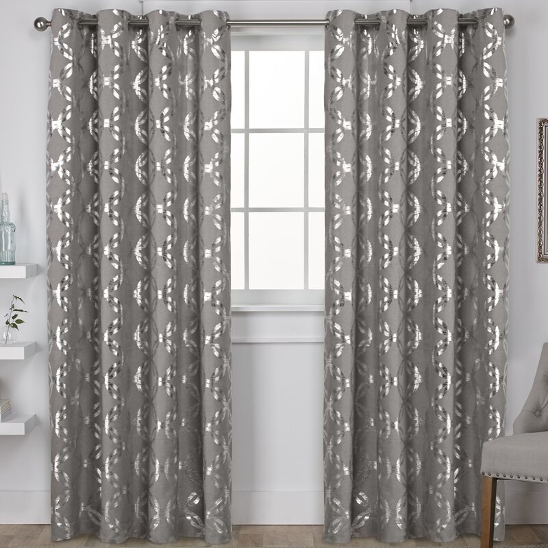 Kittrell Metallic Top Geometric Semi-Sheer Grommet Curtain Panels (Set of 2) in Black Pearl - Image 0