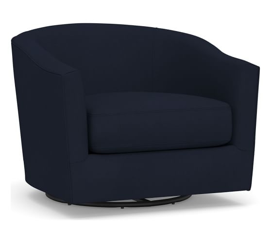 Harlow Upholstered Swivel Armchair, Polyester Wrapped Cushions, Twill Cadet Navy - Image 0