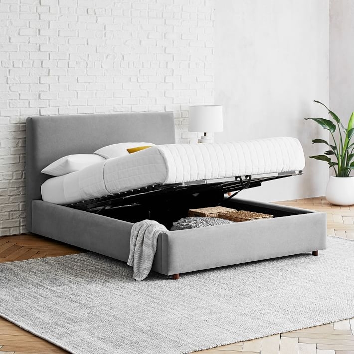 Contemporary Tall Storage Bed, Queen, Heathered Crosshatch, Feather Gray - Image 1