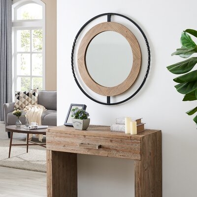 Emrick Rustic Industrial 32" Round Iron And Natural Wood Framed Accent Wall Mirror - Image 0