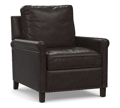 Tyler Roll Arm Leather Recliner with Bronze Nailheads, Down Blend Wrapped Cushions, Vintage Midnight - Image 0