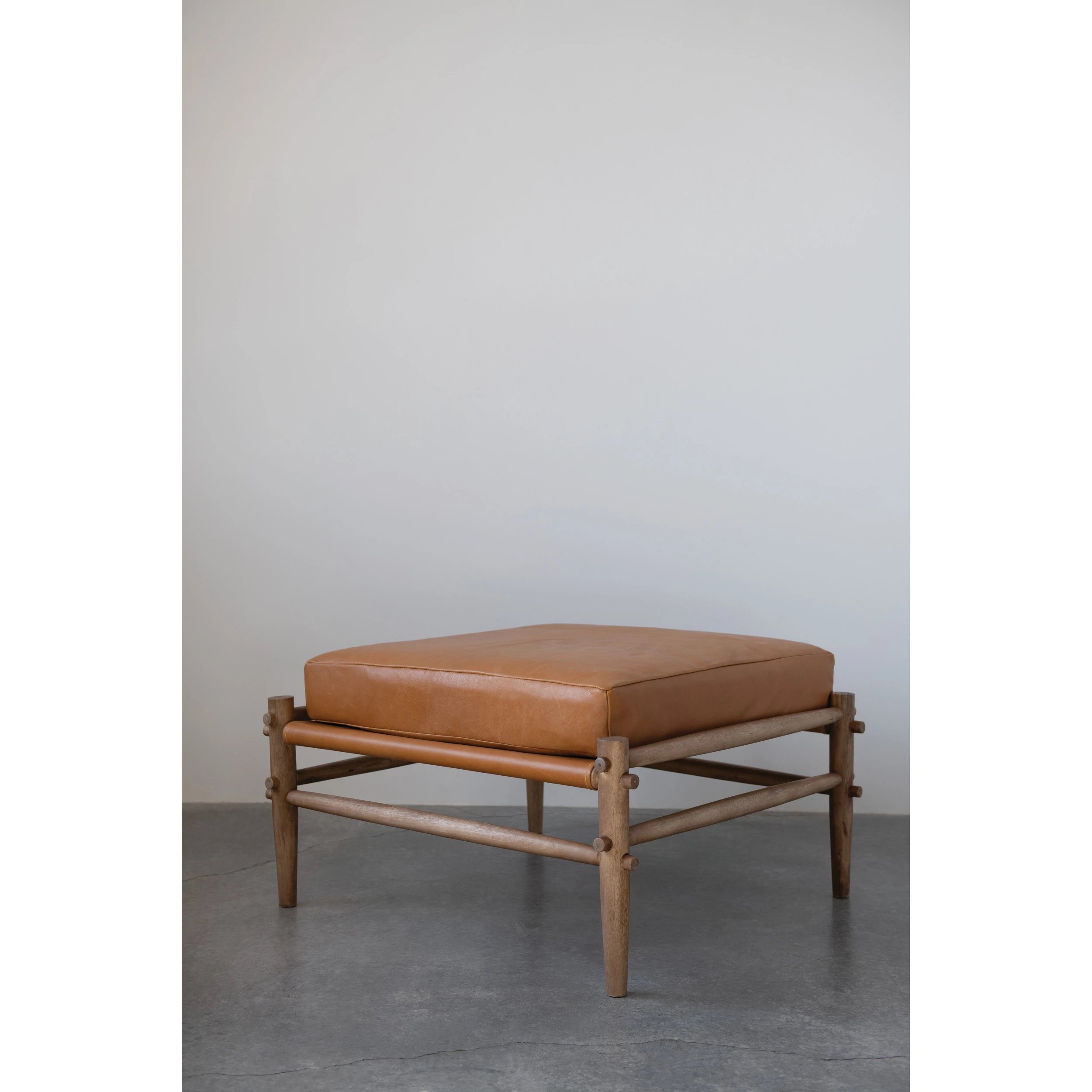 Mango Wood Ottoman with Leather Cushion - Image 1