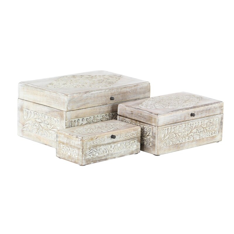 Micaela Carved Natural 3 Piece Decorative Box Set with Lid - Image 1