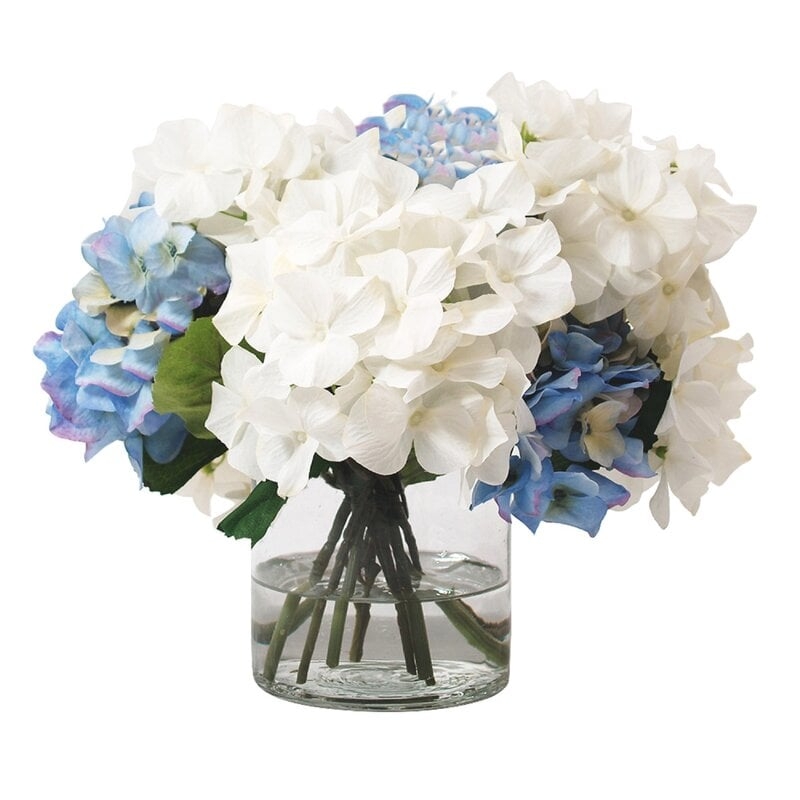 Faux Mixed Hydrangea Centerpiece in Glass Vase - Image 0