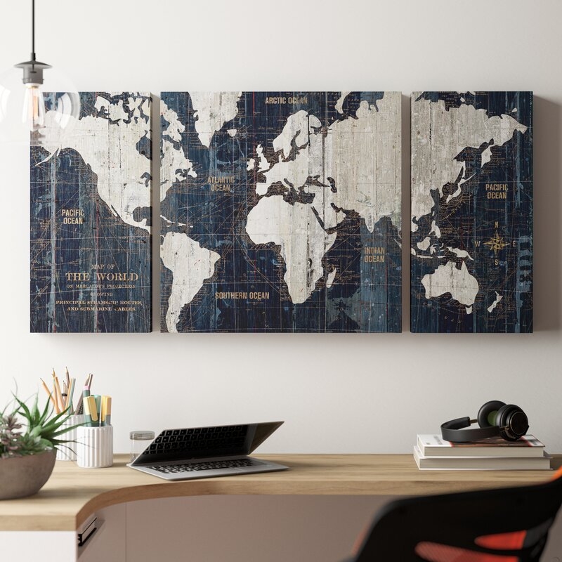 'Old World Map Blue' Framed Graphic Art Print on Wrapped Canvas - Image 1