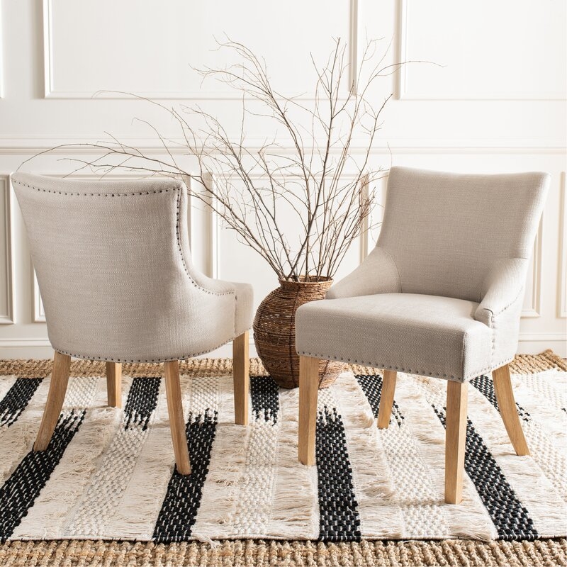 Lotus Tufted Linen Upholstered Side Chair (Set of 2) - Gray/ Pickled Oak Legs - Image 0
