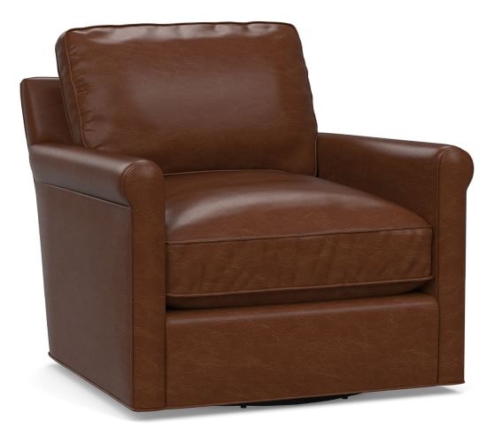 Tyler Roll Arm Leather Swivel Armchair without Nailheads, Down Blend Wrapped Cushions, Legacy Chocolate - Image 0