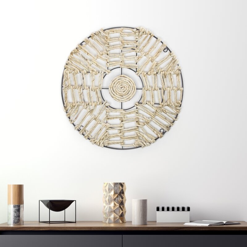 Round Metal and Woven Corn Husk Wall Décor - Image 0