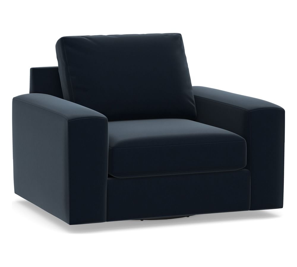 Big Sur Square Arm Upholstered Swivel Armchair, Down Blend Wrapped Cushions, Performance Plush Velvet Navy - Image 0