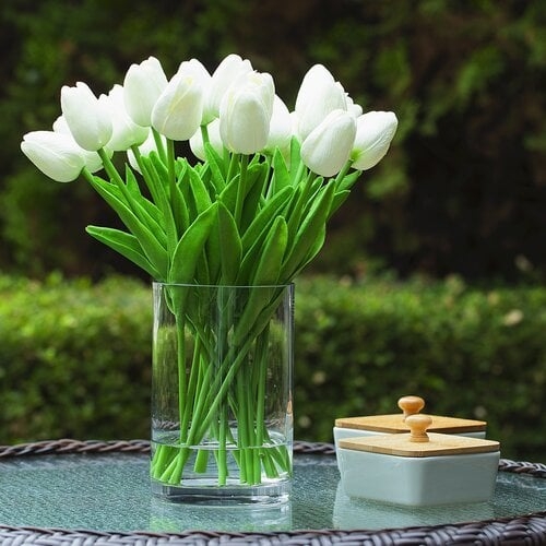 Real Touch Flower Tulips Centerpiece in Vase, White - Image 1