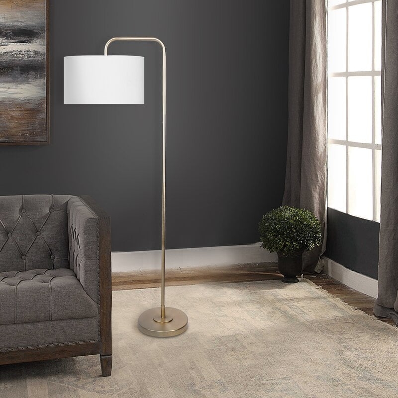 Dale 64" Arched Floor Lamp-Plated Gold/Off-White Linen - Image 1