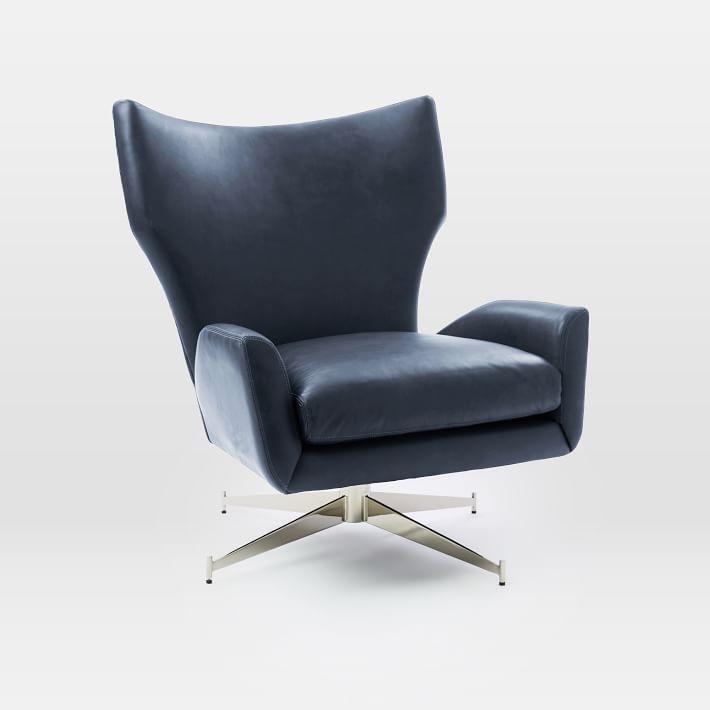 Hemming Aspen Leather Swivel Arm Chair, Aegean, Polished Nickel - Image 0