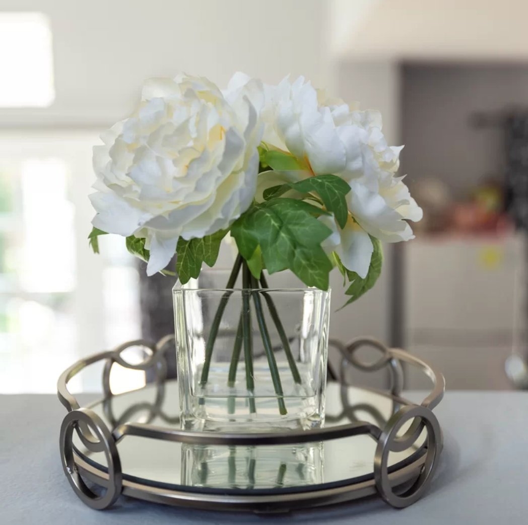 Silk Peonie Floral Arrangement and Centerpiece in Vase-Cream White - Image 0
