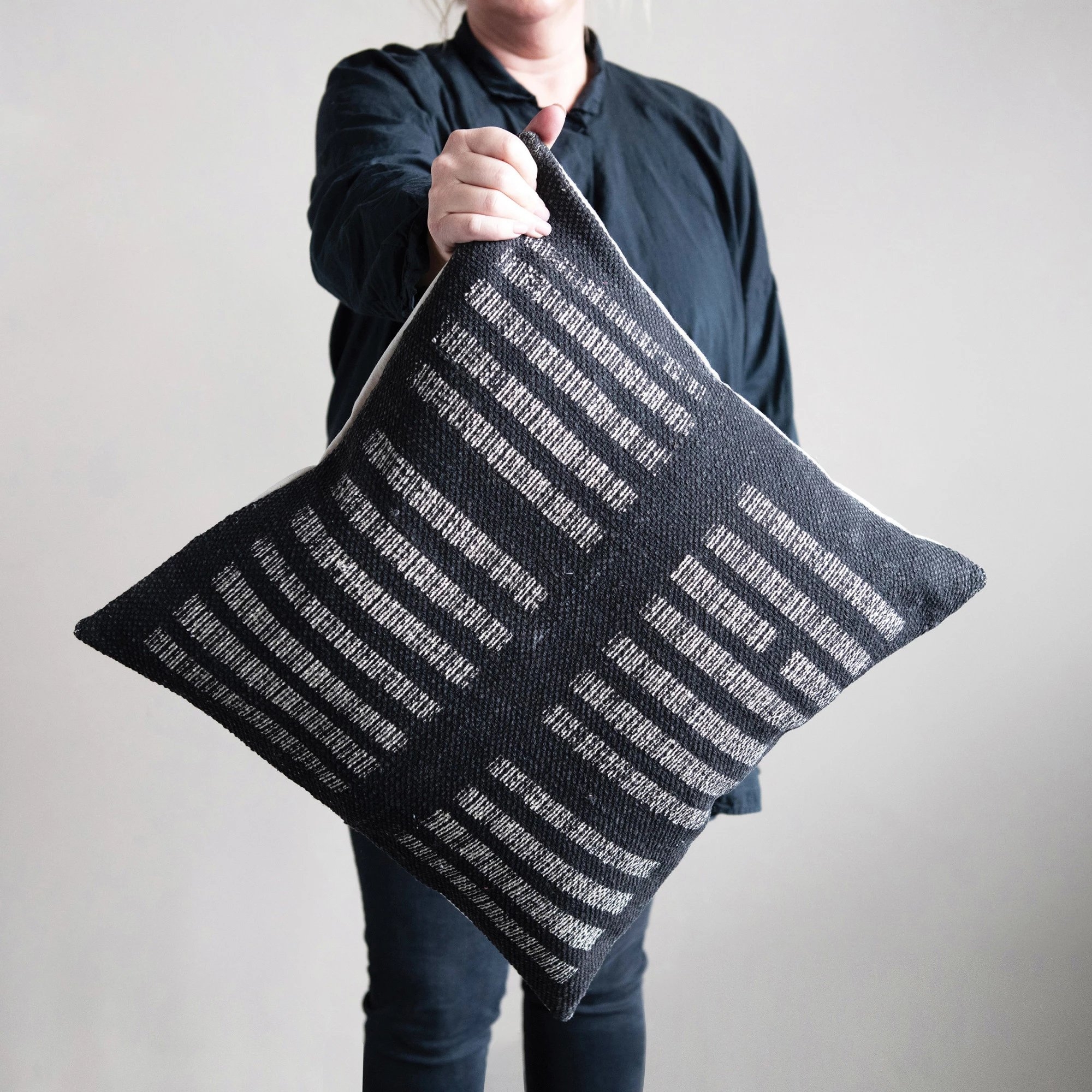 20" x 20" Boho Stripe Woven Cotton Pillow, White & Black, - Image 2