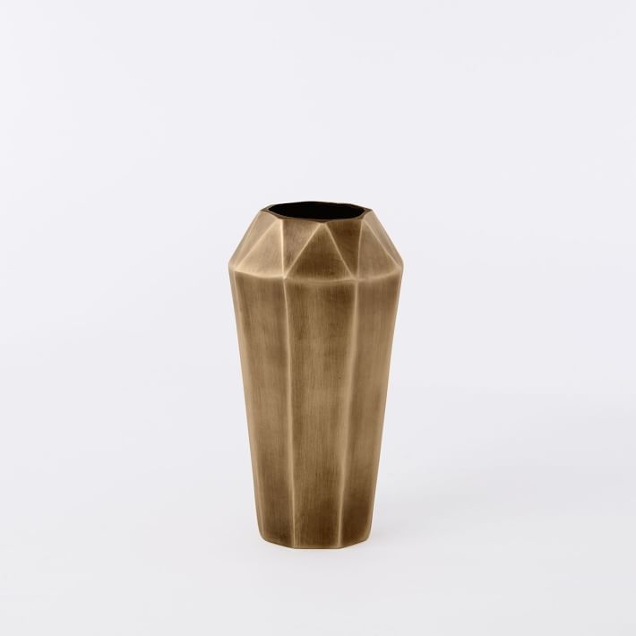 Faceted Deco Metal Vase, Antique Brass, Medium - Image 0