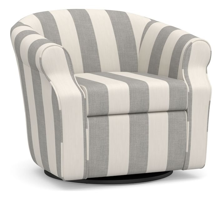 SoMa Lyndon Upholstered Swivel Armchair, Polyester Wrapped Cushions, Premium Performance Awning Stripe Light Gray/Ivory - Image 0