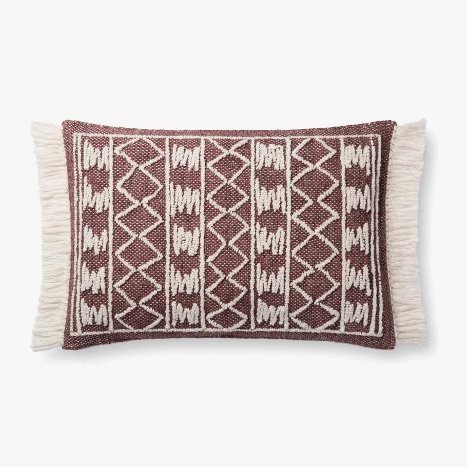 Embroidered Fringe Boho Lumbar Pillow, Poly Fill, Burgundy, 26" x 16" - Image 0
