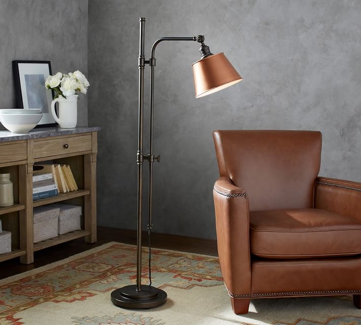 PB Classic Tapered Copper Metal Hood Articulating Floor Lamp, Bronze Base - Image 1