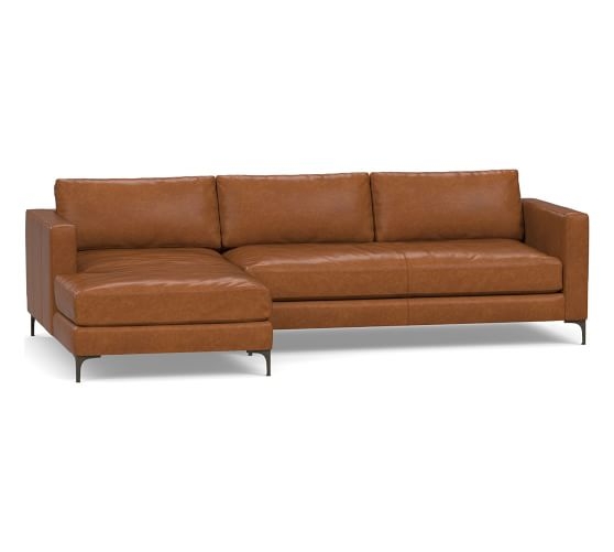 Jake Leather Right Arm 2-Piece Sectional with Chaise, Down Blend Wrapped Cushions, Leather Statesville Caramel - Image 0