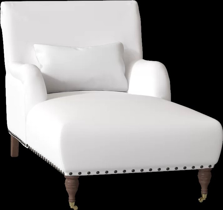 Shephard Chaise Lounge Body Fabric- Spinnsol Optic White; Kidney Pillow Fabric- Spinnsol Optic White; Nailhead detail- Pewter; Castor color- Black walnut nickel - Image 0