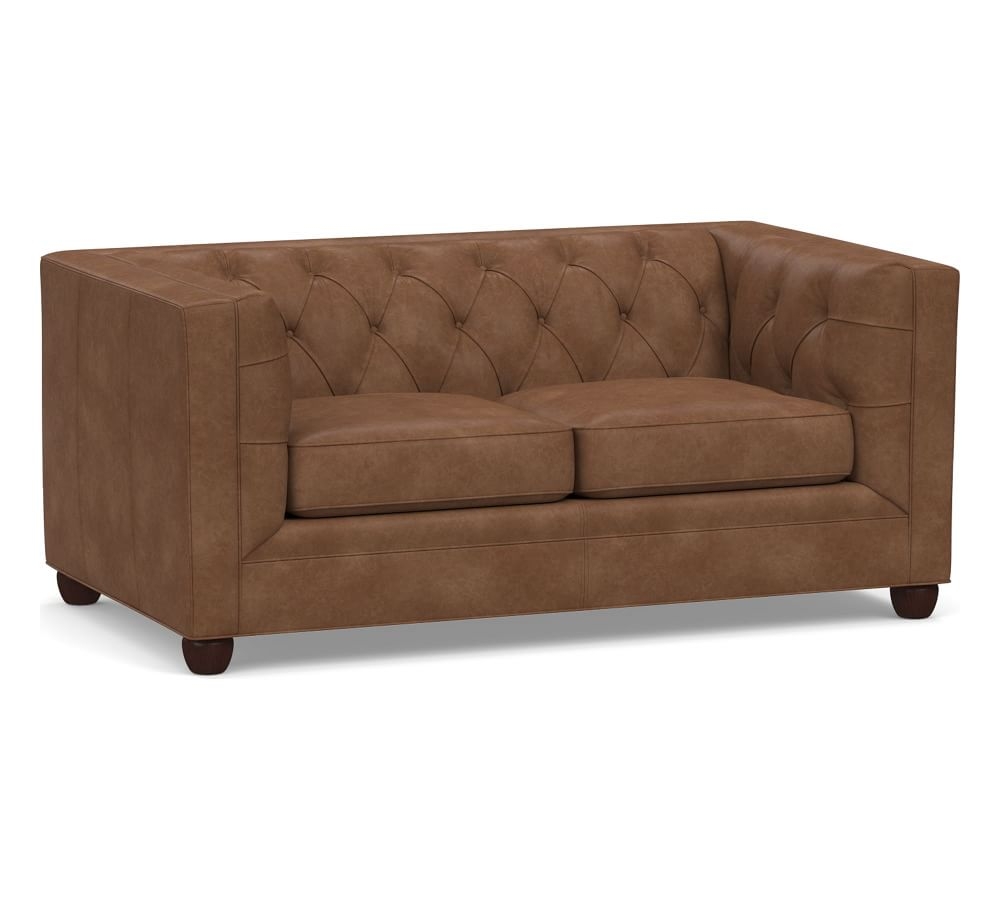 Chesterfield Square Arm Leather Loveseat 72.5", Polyester Wrapped Cushions, Statesville Toffee - Image 0