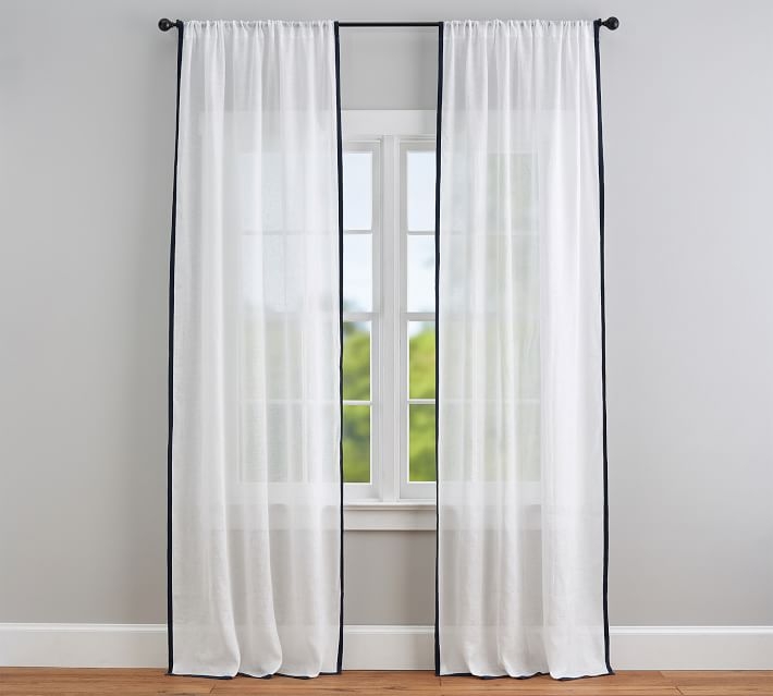 Linen Sheer Trim Curtain, 108", White/Navy - Image 0