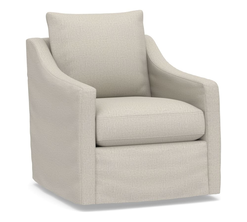 Ayden Slope Arm Slipcovered Swivel Glider, Polyester Wrapped Cushions, Performance Heathered Tweed Pebble - Image 0