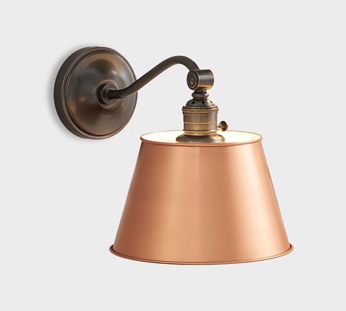 Tapered Metal Copper Hood with Bronze Curved Arm Sconce - Image 0