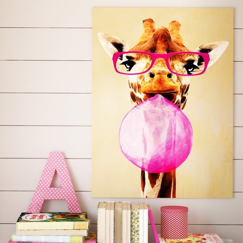'Clever Giraffe with Bubblegum' Painting Print on Canvas - Image 3