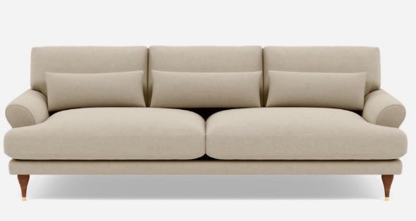 Maxwell Sofa with Beige Oatmeal Fabric and Oiled Walnut with Brass Cap legs - Image 0