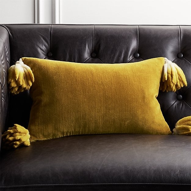 18"x12" Bia Tassel Mustard Velvet Pillow with Feather-Down Insert - Image 0