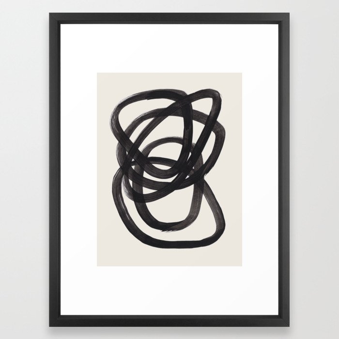 Mid Century Modern Minimalist Abstract Art Brush Strokes Black & White Ink Art Spiral Circles Framed Art Print - Image 0
