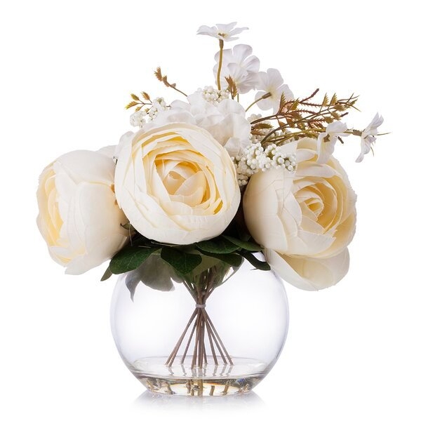 Beige Silk Peony & Hydrangea Flower Arrangement In Clear Glass Vase With Faux Water - Image 0