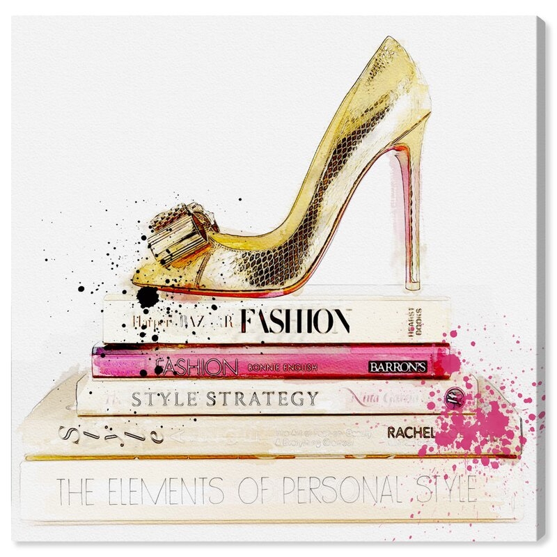 'Gold Shoe and Fashion Books' Wrapped Canvas Graphic Art - Image 0