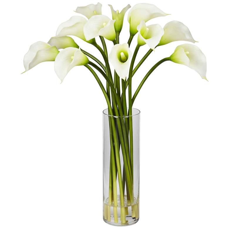 Cream Mini Calla Lily 20" High Faux Flowers in Glass Vase - Image 0