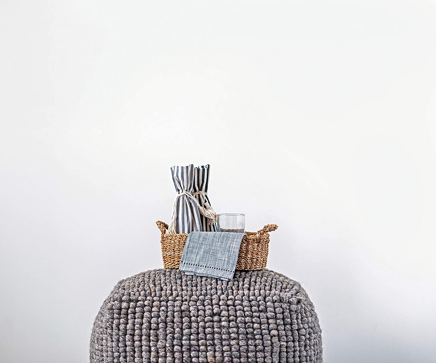 Grey Square Wool Blend Textured Pouf - Image 3