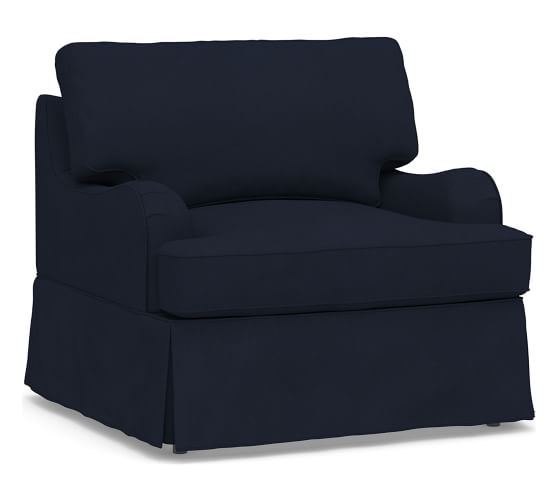 SoMa Hawthorne English Slipcovered Armchair, Polyester Wrapped Cushions, Twill Cadet Navy - Image 0