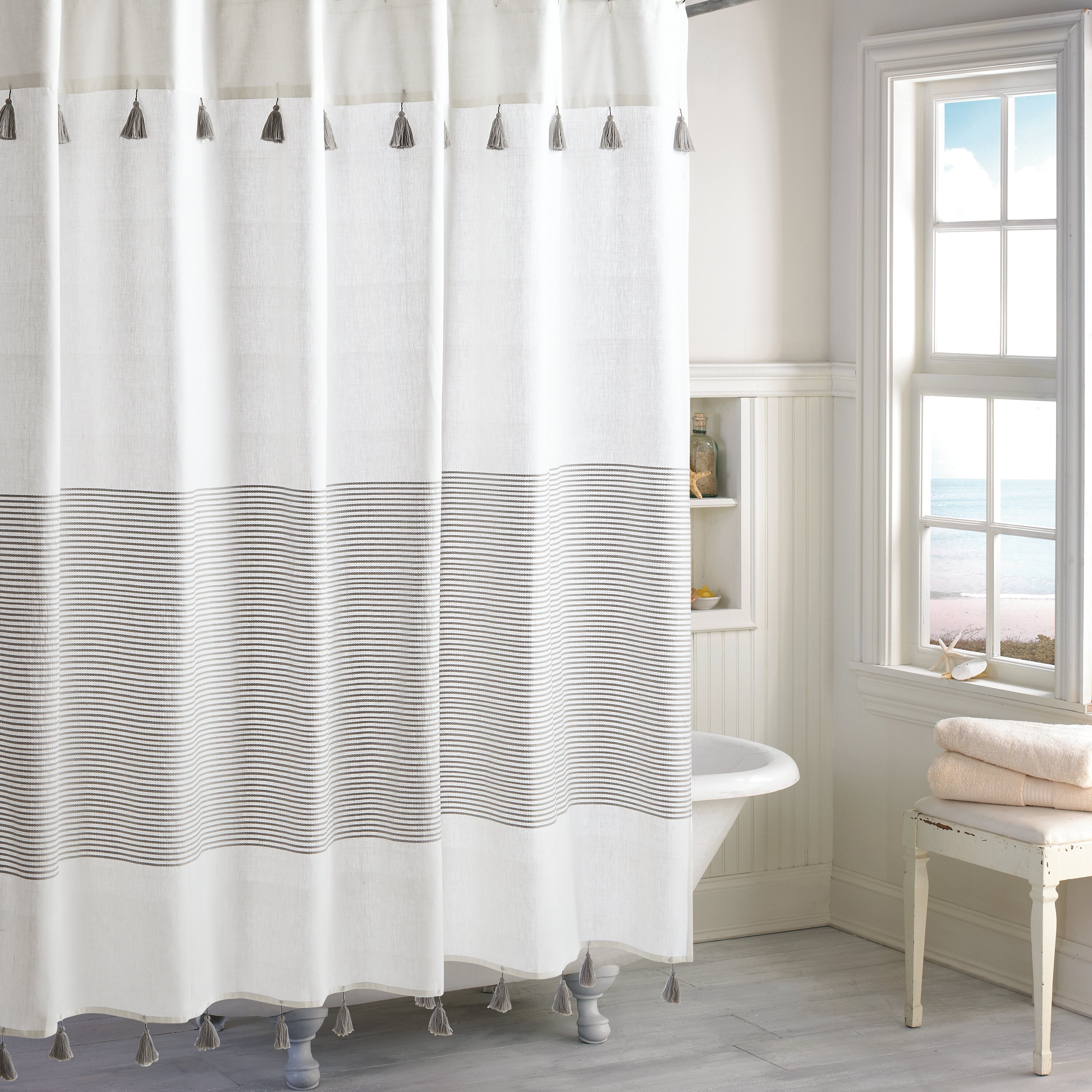 Campanella 100% Cotton Striped Single Shower Curtain / Gray - Image 0