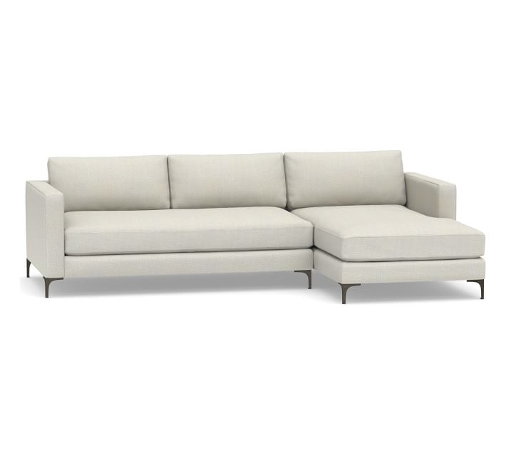 Jake Upholstered Left Arm 2-Piece Sectional with Chaise 2x1 with Bronze Legs, Polyester Wrapped Cushions, Performance Heathered Basketweave Dove - Image 0