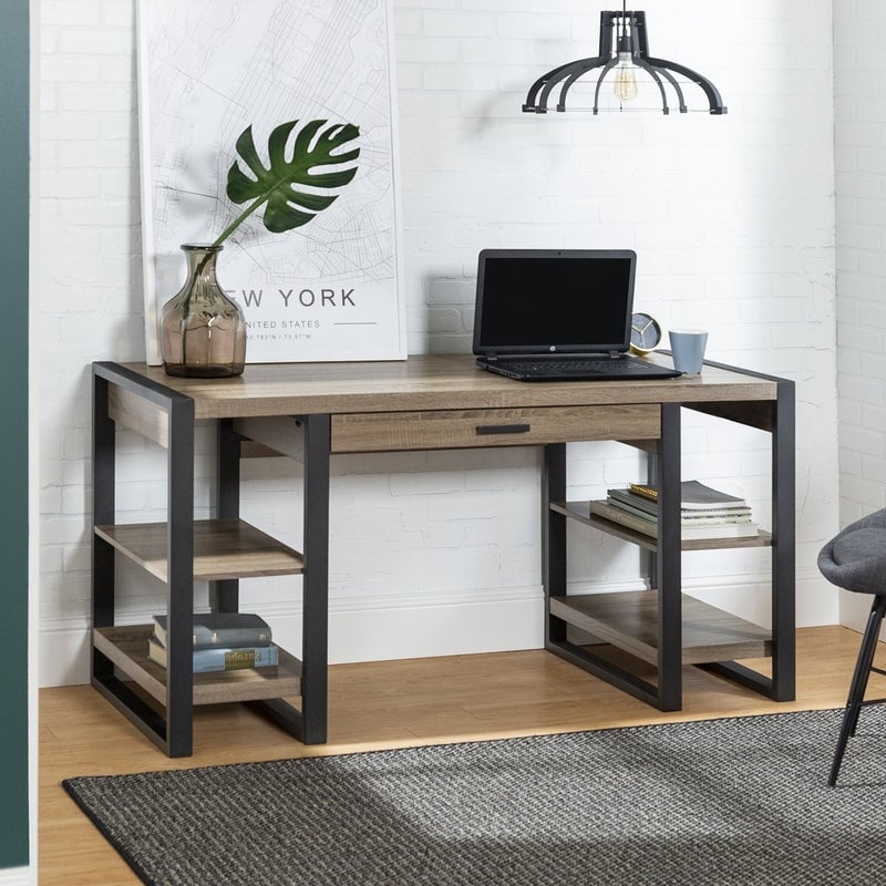 Urban Blend 60" Dual Shelf Wood Computer Desk with Power Strip - Driftwood - Image 0