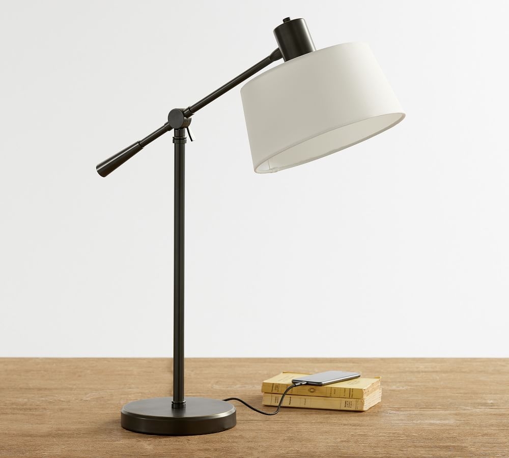 Dahlia Metal Articulating USB Task Table Lamp with Linen Shade, Bronze - Image 3