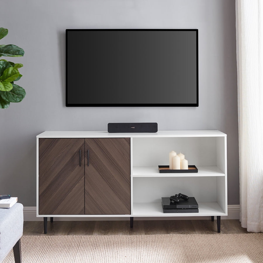 Hampton 58" Mid Century Modern  Asymmetrical TV Stand- Ash Brown Bookmatch/Solid White - Image 1