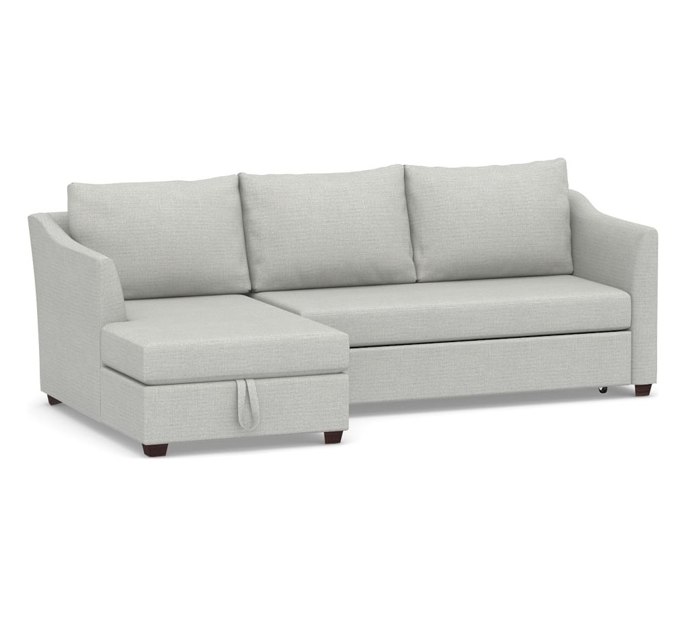 Celeste Upholstered Right Arm Trundle Sleeper with Storage Chaise Sectional, Polyester Wrapped Cushions, Basketweave Slub Ash - Image 0