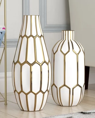 2 Piece Cayd White/Gold Indoor / Outdoor Ceramic Table Vase Set - Image 0