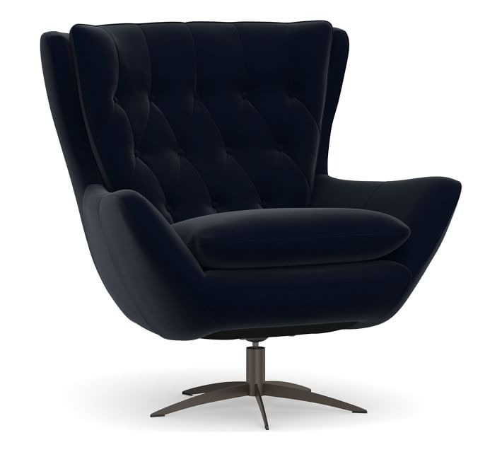 Wells Upholstered Swivel Armchair with Bronze Base, Polyester Wrapped Cushions, Performance Plush Velvet Navy - Image 0