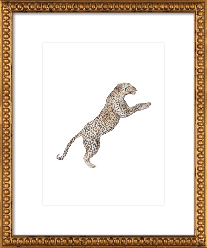 Leaping Leopard Watercolor - 16" x 20" print - Ornate Gold Crackle Bead Wood Frame - With Matte - Image 0