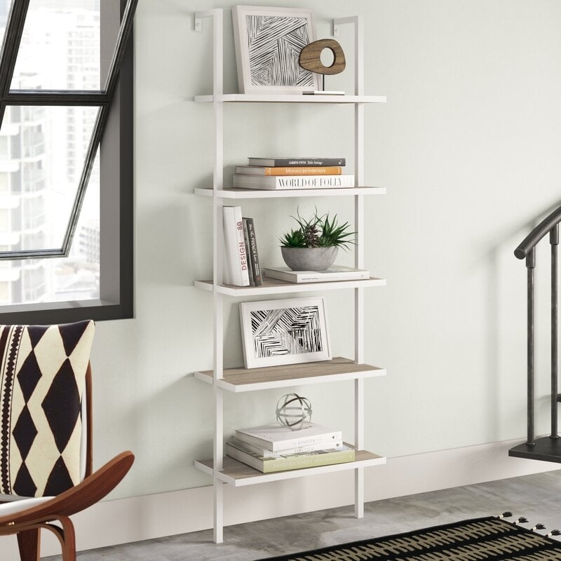 Christen Ladder Bookcase - Gray Oak Wood/White Metal Frame - Image 0