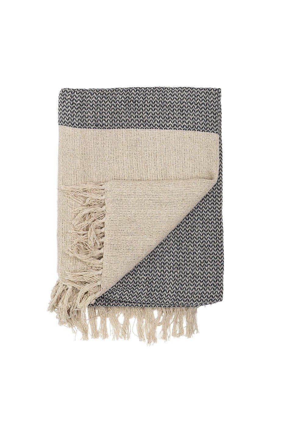 Grey & Cream Cotton Knit Throw with Fringe - Image 1