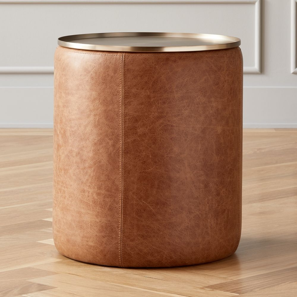Stitch Leather Round Storage Side Table - Image 0