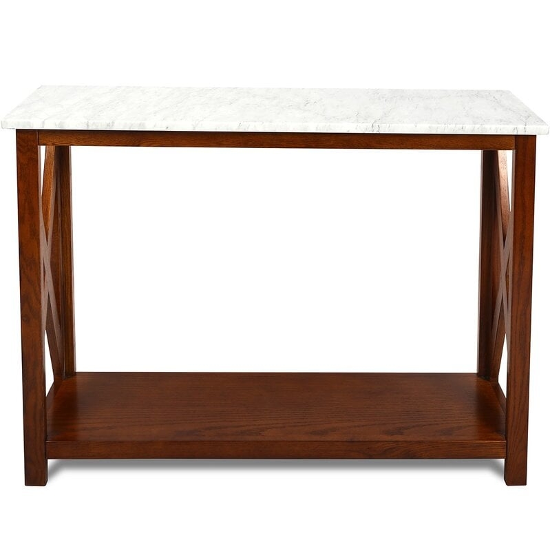 Meith 39" Rectangular Italian Carrara White Marble Console Table With Walnut Colour Solid Wood Legs - Image 0